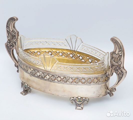 Старинная хрустальная ваза для фруктов. Серебро 84