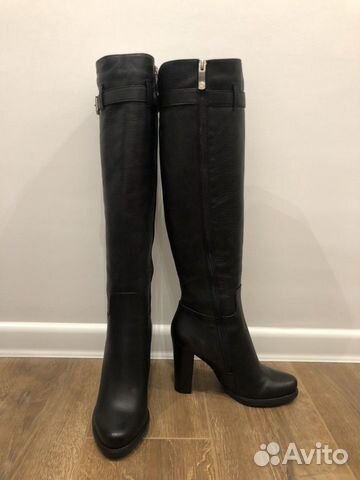Сапоги зимние кожаные чёрные на каблуке