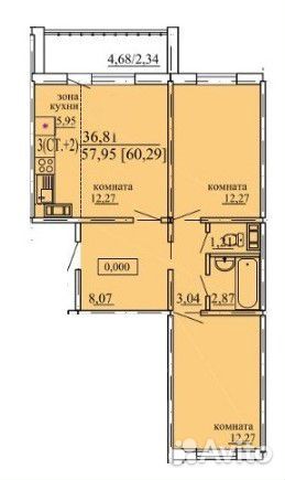 3-к квартира, 60.3 м², 1/16 эт.