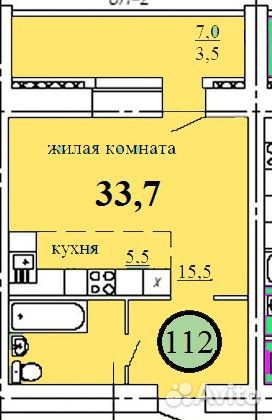 1-к квартира, 34 м², 2/9 эт.