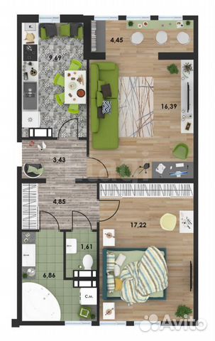 2-к квартира, 62.4 м², 3/10 эт.