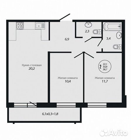 2-к квартира, 56.7 м², 17/19 эт.