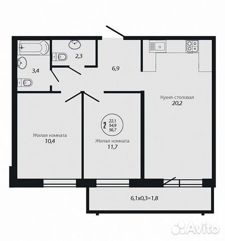 2-к квартира, 56.7 м², 18/19 эт. 2-к квартира, 56.7 м², 18/19 эт.