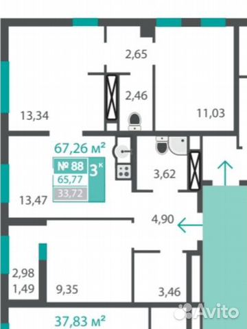 3-к квартира, 67.2 м², 9/15 эт.