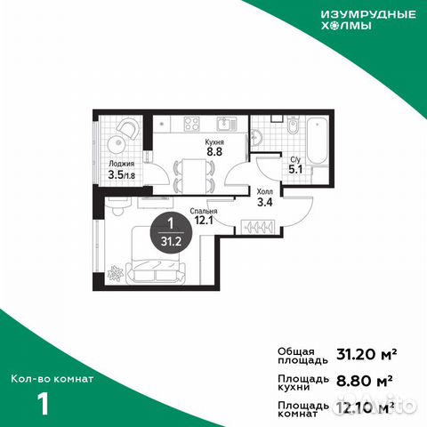 1-к квартира, 31.2 м², 2/25 эт. 1-к квартира, 31.2 м², 2/25 эт.