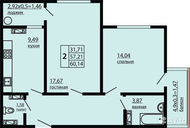 2-к квартира, 60.1 м², 2/10 эт.