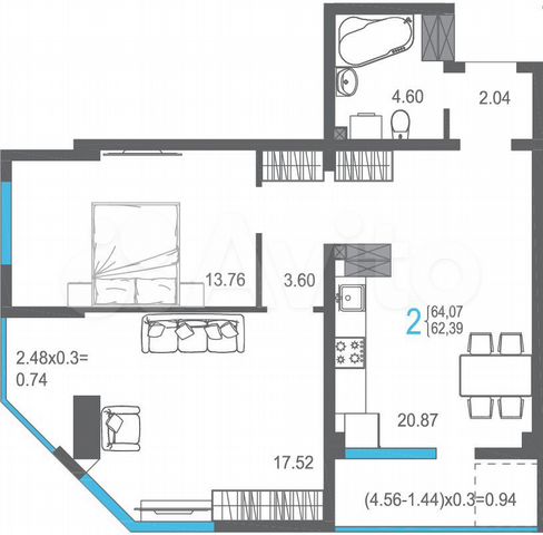 2-к. квартира, 64,1 м², 10/15 эт.