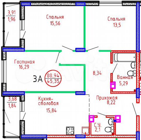 3-к. квартира, 88,9 м², 3/8 эт.