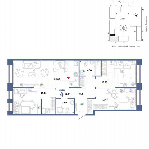 4-к. квартира, 86,5 м², 2/25 эт.