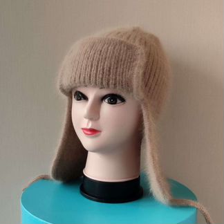 Вязанная шапка-ушанка из пуха норки