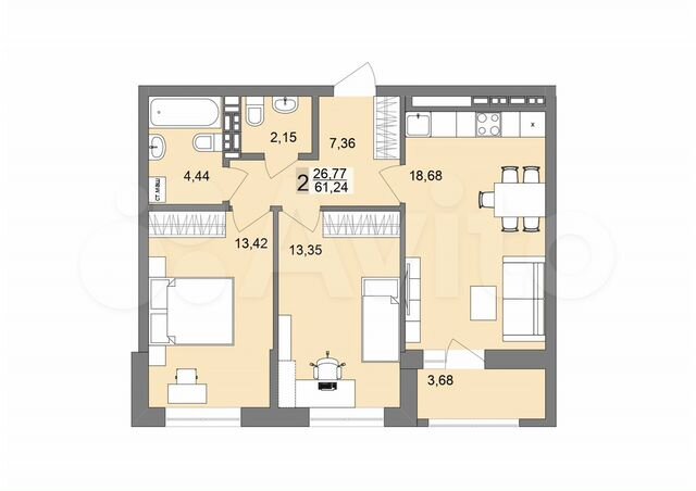 2-к. квартира, 61,2 м², 13/19 эт.