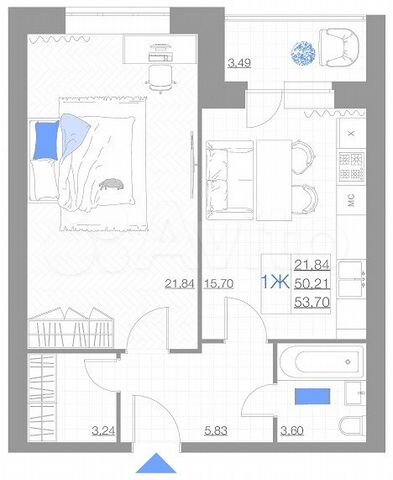 1-к. квартира, 53,7 м², 2/5 эт.
