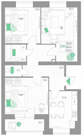3-к. квартира, 87 м², 1/5 эт.