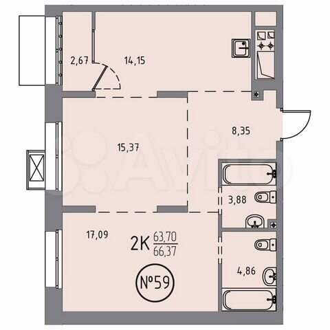 2-к. квартира, 66,4 м², 2/10 эт.