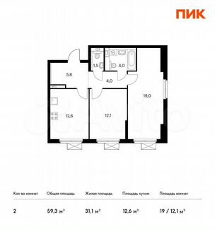 2-к квартира, 59.3 м², 3/17 эт.