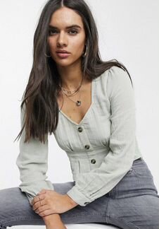 Зелёный льняной топ с объемными рукавами Vero Moda