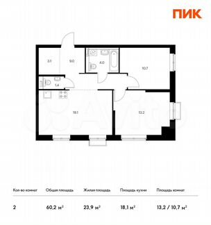 2-к квартира, 60.2 м², 6/26 эт.
