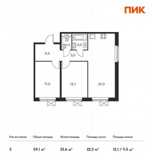 2-к квартира, 59.1 м², 4/25 эт.