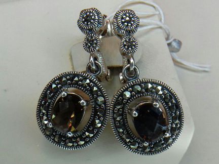 Серебро 925 проб,Серьги новые с Дымчатым Кварцем