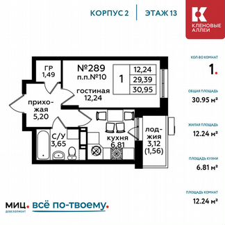 1-к квартира, 31 м², 13/17 эт.