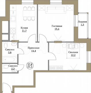 2-к квартира, 61.2 м², 3/17 эт.