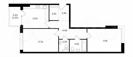 2-к квартира, 72.3 м², 3/12 эт.