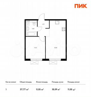 1-к квартира, 37.8 м², 8/16 эт.