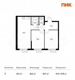 2-к квартира, 62.1 м², 19/24 эт.