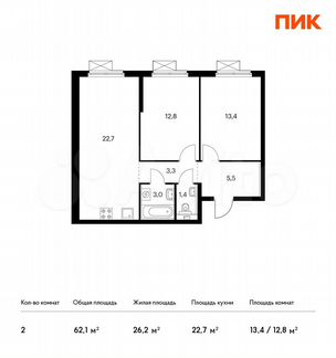 2-к квартира, 62.1 м², 16/24 эт.